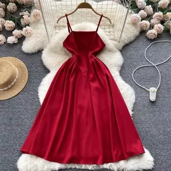 Красное платье RUGOD, топ без рукавов с высокой талией и открытой спиной, французское платье на подтяжках, женское длинное платье с большими качелями на летние каникулы