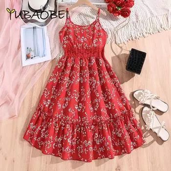Красное платье с цветочным принтом для девочек, летняя детская одежда, модные кружевные подтяжки с принтом, длинные платья для детской одежды 9Y красный
