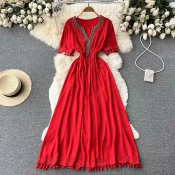 Красное платье с треугольным вырезом и v-образным вырезом в национальном стиле, с тонкой кружевной бахромой и высокой талией для путешествий, большое длинное платье-качели