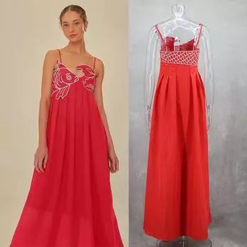 Красное платье с вышивкой, женское сексуальное платье с открытой спиной, пляжное платье А-силуэта, милое свободное платье на бретельках, летнее S красный