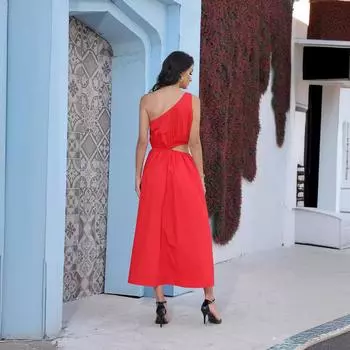 Красное платье женская одежда 2025 новое французское платье для отдыха с открытыми плечами и талией пляжная юбка S красный