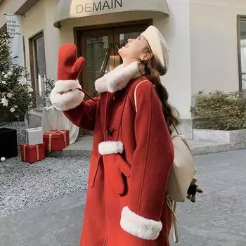 Красное шерстяное пальто осень-зима 2024 года для женщин, новое ретро-пальто с роговой пряжкой и длинным кроличьим мехом, шерстяное женское пальто, тренд S