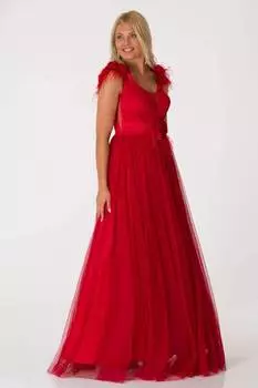 Красное шифоновое вечернее платье с розовыми деталями