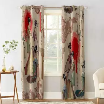 Красное солнце, женщина, дракон, бамбук, спальня, кухня, гостиная, украшения, оконные шторы для гостиной 135W x 60H(cm)