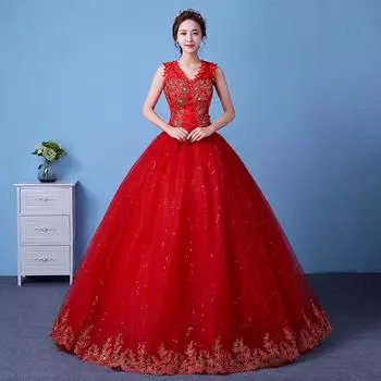 Красное свадебное платье большого размера, юбка невесты, корейское свадебное платье, тонкий V-образный вырез, коллекция L красный