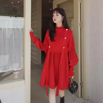 Красное трикотажное платье Baby Doll для миниатюрных женщин. Новое весеннее платье средней длины в стиле французского ретро. S красный