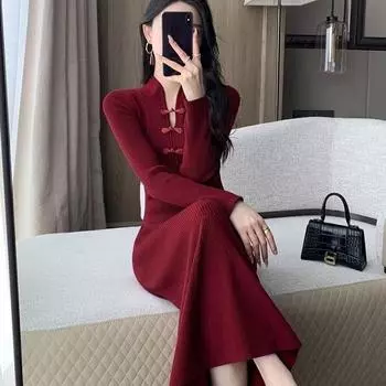 Красное трикотажное платье для женщин осень-зима новая рождественская коллекция свитер пуловер однотонный one size красный