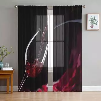 Красное вино Бутылка вина Бокал для вина Прозрачный тюль Оконные шторы для гостиной Спальня Кухня Вуалет Штора Домашнее украшение W135 x H114cm