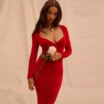 Красное замшевое длинное платье с длинным рукавом, облегающее сексуальное вечернее платье с глубоким V-образным вырезом, однотонное длинное платье S красный