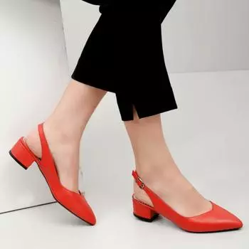 Красные антикварные женские летние туфли из натуральной кожи с острым носком и коротким толстым каблуком с открытой спиной