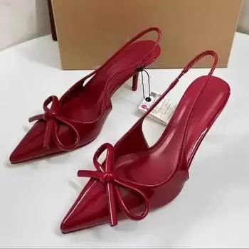 Красные банты Slingbacks High Heels для женщин Сексуальные остроносые лакированные туфли на высоком каблуке Осенние элегантные женские туфли на каблуке 35
