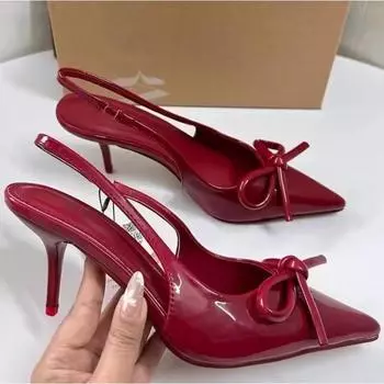 Красные банты Slingbacks High Heels для женщин Сексуальные остроносые лакированные туфли на высоком каблуке Осенние элегантные женские туфли на каблуке 35