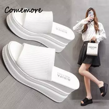 Красные белые тапочки Туфли на танкетке Женские босоножки Туфли на платформе с танкеткой Женские летние пляжные сандалии Тапочки на высокой платформе 34 белый