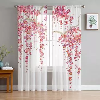 Красные цветы листья ветка растения тюль оконное оформление прозрачные шторы для кухни гостиная спальня шторы украшение W135 x H114cm