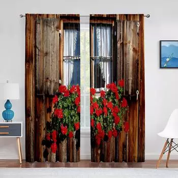 Красные цветы на деревенском деревянном окне, тюлевые шторы для гостиной, прозрачная вуаль, занавеска для спальни, декор для кухонных окон 1 PCS W100XH250cm&Rod Pocket