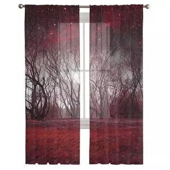 Красные деревья, звездное небо, лес, прозрачные шторы, тюлевые шторы для гостиной, окна, спальни, кухни, украшения дома, вуаль, шторы W135 x H115cm x1