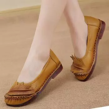 Красные дизайнерские туфли Mom Shallow Loafers 2024 Oxford Flats из натуральной кожи Мокасины Женские туфли для женщин Комфортные лоферы на плоской подошве 4.5 жёлтый