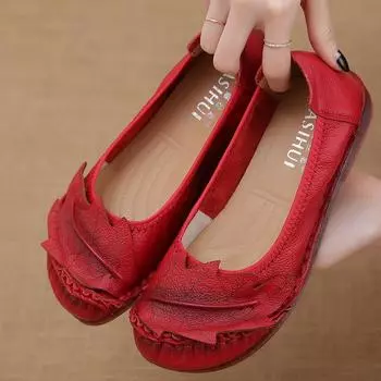 Красные дизайнерские туфли Mom Shallow Loafers 2024 Oxford Flats из натуральной кожи Мокасины Женские туфли для женщин Комфортные лоферы на плоской подошве 4.5 жёлтый