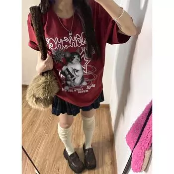 Красные футболки с принтом кота Kawaii, женские свободные топы в стиле панк в стиле Harajuku, милые футболки с коротким рукавом из хлопка, повседневные M красный
