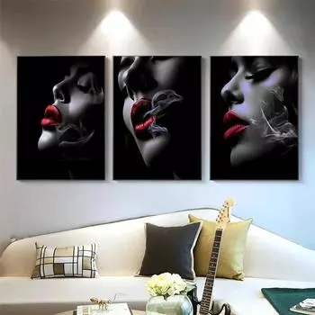 Красные губы женщина курящая женщина черный фон плакат печать настенное искусство картины холст картина комната спальня домашний декор подарок 30X45cm Unframed