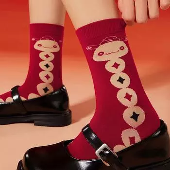 «Красные хлопковые носки со знаком зодиака «Год Змеи» для пар – праздничные, удобные, эластичные, прочные, унисекс новогодние носки» One Size