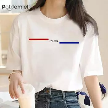 Красные и синие полосы Парижский принт мультфильм женская модная одежда футболка с коротким рукавом летний топ базовая футболка с рисунком S-5XL S