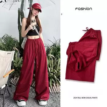 Красные изогнутые брюки-ножи для женщин, тонкие прямые брюки, свободные спортивные брюки цвета хаки и черного цвета, свободные повседневные широкие брюки S чёрный