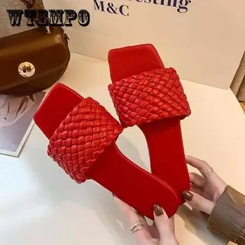 Красные кожаные плетеные пляжные тапочки, женские летние повседневные сандалии на плоской подошве с открытым носком, женские удобные уличные шлепанцы Mujer
