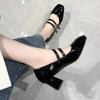 Красные лакированные туфли Мэри Джейн, летняя новая мода 2024 года, женские туфли-лодочки с квадратным носком, удобные женские туфли на толстом каблуке 35 чёрный