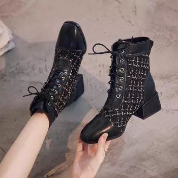 Красные модные универсальные модные сапоги на толстом среднем каблуке со шнуровкой спереди и квадратной сеткой спереди 35 чёрный