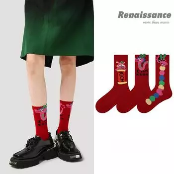 Красные носки с героями мультфильмов, новые женские носки до середины икры, три пары в подарочной упаковке Average Size (35-39)