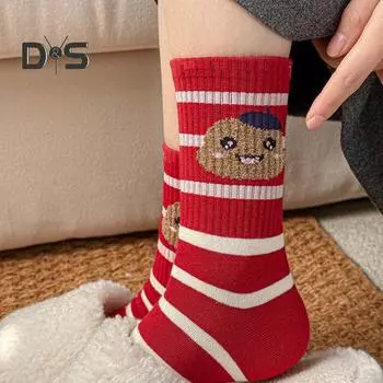 Красные носки с китайским новым годом, мультяшные носки с изображением знака зодиака «Змея», год удачи, теплые хлопковые носки для повседневной носки осень-зима A