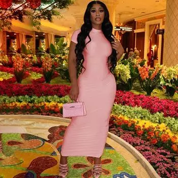 Красные платья, новые летние однотонные женские платья, повседневные женские платья с короткими рукавами и круглым вырезом, женское платье S розовый