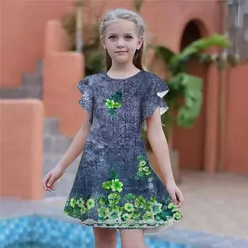 Красные платья с цветочным принтом для девочек. Детское праздничное платье для девочек. Свободный крой. Свободная юбка с короткими рукавами для девочек старше четырех лет. 80 коричневый