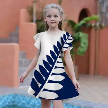 Красные платья с принтом листьев для девочек. Детское праздничное платье для девочек. Свободная облегающая юбка с короткими рукавами для девочек старше четырех лет. 80 синий