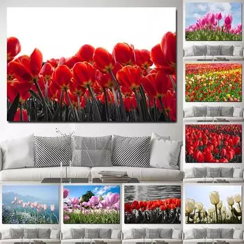 Красные поля тюльпанов, настенные картины, холст, живопись, цветочные полевые постеры и принты, цветочный пейзаж, настенное искусство для декора гостиной 21x30cm No Frame