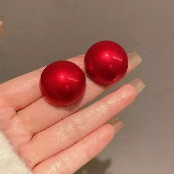Красные Преувеличенные Крупные Жемчужные Осенне-Зимние Новогодние Женские Серьги Red large pearl stud earrings