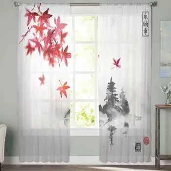 Красные японские прозрачные шторы с кленовыми листьями, вуаль для спальни, прозрачные шторы для окон, кухни, тюлевые шторы 135W x 114H(cm)