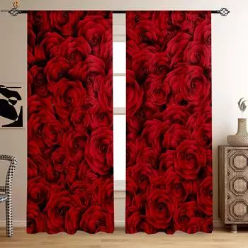 Красные ретро цветочные 3D-печатные шторы для спальни, гостиной, кухни, кабинета, декоративные шторы, которые можно настроить, 2 шт. W50xH130(CM)x2PCS&Grommet Top