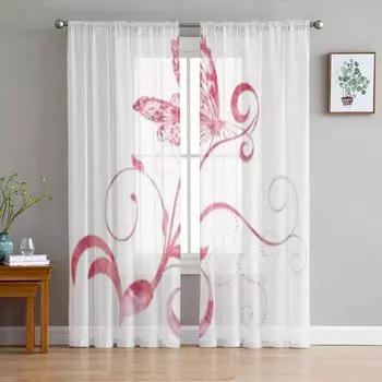 Красные розовые бабочки изгибы акварель шифон прозрачные шторы для гостиной спальни занавески на окна вуали тюль Cortinas 135W x 114H(cm)