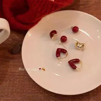 Красные серьги-гвоздики, Женская любовь, Серьги с фасолью адзуки, Темперамент, Продвинутое чувство, Новогодние серьги Niche.