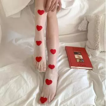 Красные сердечки вышитые кавайные принцесса носки летние ультратонкие прозрачные сетчатые кружевные носки милые девушки черно-белые свободные длинные носки белый