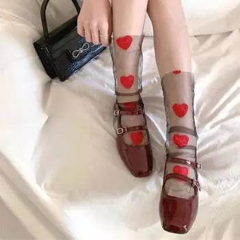 Красные сердечки вышитые кавайные принцесса носки летние ультратонкие прозрачные сетчатые кружевные носки милые девушки черно-белые свободные длинные носки белый