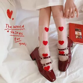 Красные сердечки вышитые кавайные принцесса носки летние ультратонкие прозрачные сетчатые кружевные носки милые девушки черно-белые свободные длинные носки белый
