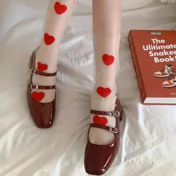 Красные сердечки вышитые кавайные принцесса носки летние ультратонкие прозрачные сетчатые кружевные носки милые девушки черно-белые свободные длинные носки белый