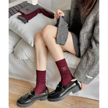 Красные серые носки женские 2024 осень зима новые длинные носки Harajuku Vintage в горошек ретро бант вышивка Лолита кавайи оборки носки