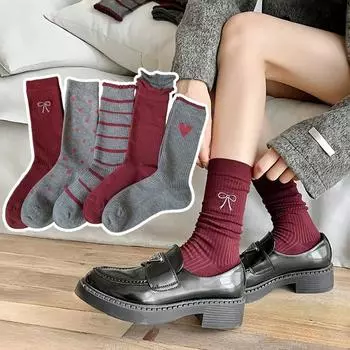 Красные серые носки женские осень зима новые длинные носки в стиле Харадзюку в стиле ретро с вышивкой в горошек и бантом Лолита кавайные оборки