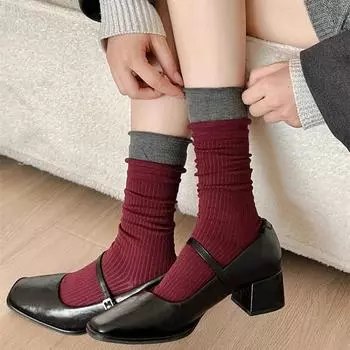 Красные серые носки женские осень зима новые длинные носки в стиле Харадзюку в стиле ретро с вышивкой в горошек и бантом Лолита кавайные оборки