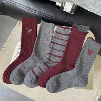 Красные серые носки женские осень зима новые длинные носки в стиле Харадзюку в стиле ретро с вышивкой в горошек и бантом Лолита кавайные оборки
