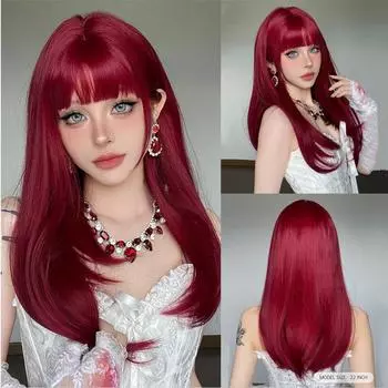 Красные синтетические парики с челкой, длинные гладкие прямые парики для вечеринок, косплея, мягкие красные волосы, термостойкое волокно, ежедневное использование